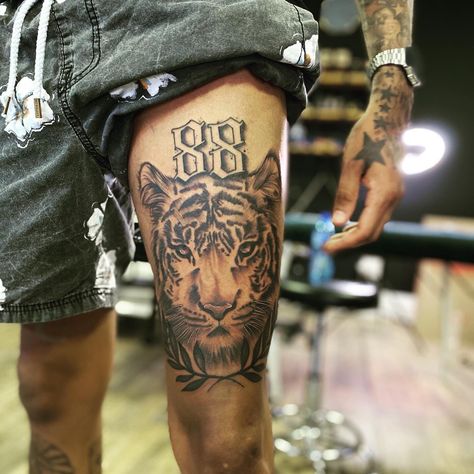 Tiger Leg Tattoo Men, Tiger Leg Sleeve, Tiger Tattoo Leg, Laos Tattoo, Tiger Leg Tattoo, Tiger Tattoo Men, Tiger Tattoo Thigh, Black Bear Tattoo, Leg Tats