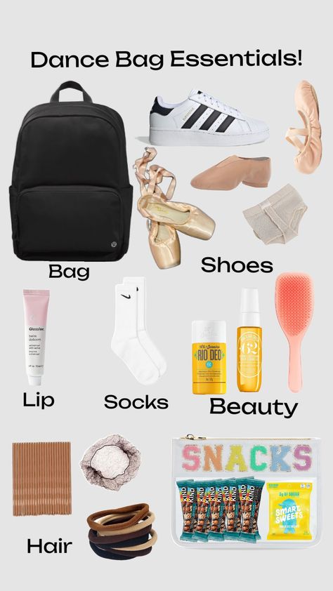 Dance Essentials Bags, What Is In My Dance Bag, Dance Stuff Aesthetic, Ballet Essentials Dance Bags, What To Have In Your Dance Bag, What’s In My Bag Dance, Dance Mom Life, Dance Packing List, Ballet Bag Essentials List