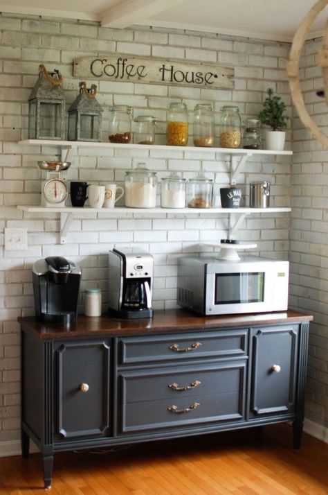 30+ Stylish Home Coffee Bar Ideas (Stunning Pictures Included) – Cats and Canines Coffee Blog Baie Vintage, Dapur Rustic, Mobil Design, Bar Buffet, Diy Coffee Bar, Coffee Bar Design, Home Coffee Stations, Design Café, Kabinet Dapur