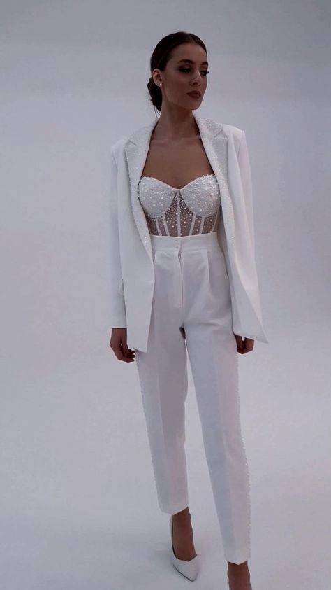 Corset Suit Outfit Wedding, Cute Pant Suits For Women, Sheer Opera Gloves, Women Corset Suits, Simple Bride Outfit, Whole White Outfit, Formal Clothes Women Party 2023, Registration Of Marriage Outfit, Barchollete Party Outfits