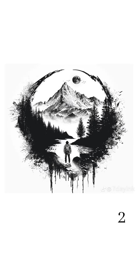 Mountain Woods Tattoo, Tree With Compass Tattoo, Mens Wilderness Tattoo, Mountains And Forest Tattoo, Tattoos For Loneliness, Adventure Tattoo Men Nature, Geometric Mountain Tattoo Men, Mountain And Tree Tattoo, Compass Mountain Tattoo