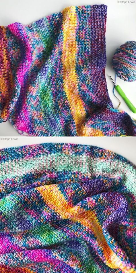 Moss Stitch / Linen Stitch Crochet Ideas Multicolored Yarn Crochet Projects, Moss Stitch Shawl, Knit Linen Stitch, Linen Stitch Crochet, Crochet Moss, Shawls Crochet, Wearable Crochet, Crocheted Clothing, Poncho Patterns