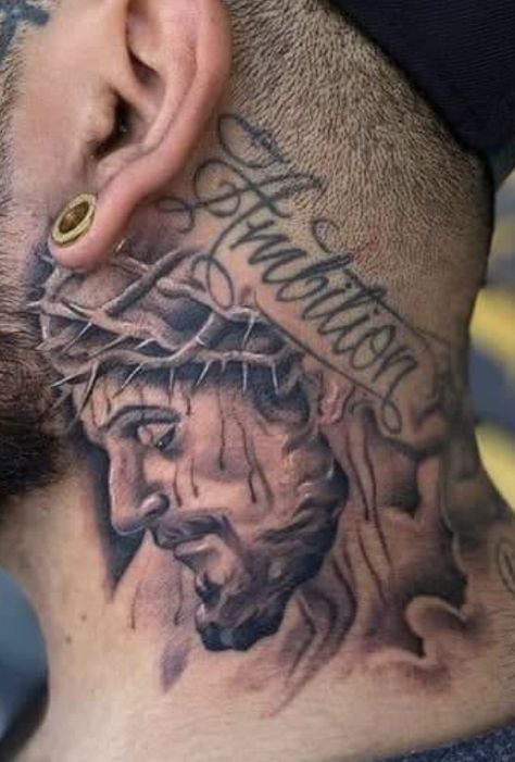 Men’s Head Tattoo, Good V Evil Tattoo, Side Head Tattoo Men, Bible Verse Neck Tattoo, Angel Neck Tattoo For Men, Religious Neck Tattoo, Jesus Neck Tattoo, Neck Sleeve Tattoo Men, Chicano Neck Tattoos