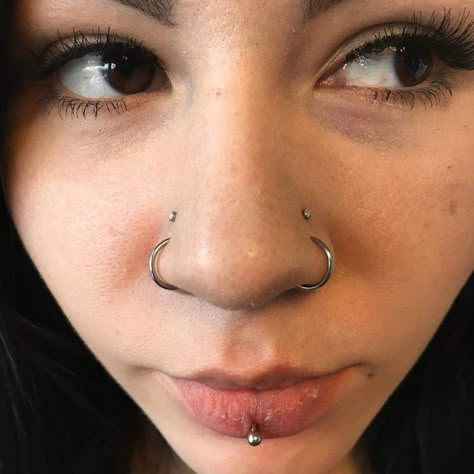 Nostril And High Nostril Piercing, Higher Nostril Piercing, 4 Nostril Piercings, High And Low Nostril Piercing, Multiple Nose Piercing Ideas, Quadruple Nose Piercing, Stacked Nostril Piercing, Nose Piercing Set Up, Symmetrical Nose Piercing