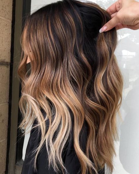 Caramel Brown Balayage with Blonde Highlights Brown Caramel Blonde Balayage, Bronde Balayage With Money Piece Medium Hair, Hair Melt Brown To Blonde, Flame Balayage, Long Hair Balayage Brunette, Ombre Balayage Hair Brunette, Brown To Caramel Balayage, Ombré Hair Brown, Warm Toned Balayage