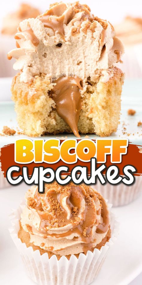 Vanilla Based Cupcake Flavors, Vanilla Cupcake Frosting Ideas, Biscoff Cookie Butter Cupcakes, Biscoff Cupcakes Box Cake, Biscoff Icing Recipe, Cookie Butter Filling, Cookie Butter Muffins, Cookie Butter Buttercream, Biscoff Whipped Cream