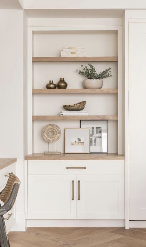 Minimalist Built In Shelves, Small Niche Ideas, Organic Modern Built In Shelves, Open Shelving In Bedroom, Built In Wood Shelves, Rounded Corner Shelves, Inset Shelves In Wall, Cabinets In Living Room, Build In Shelves