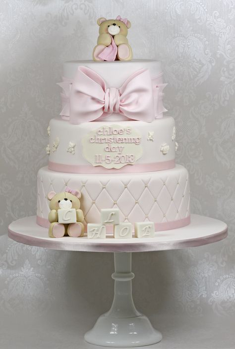 3 tier christening cake in soft pink (loving the new sugarflair pastel baby pink colour!) Teddies modelled on the forever friends teddies. Christening Cake Girls, Idee Babyshower, Cake Girl, Bolo Minnie, Teddy Bear Cakes, Communion Cakes, Baptism Cake, Christening Cake