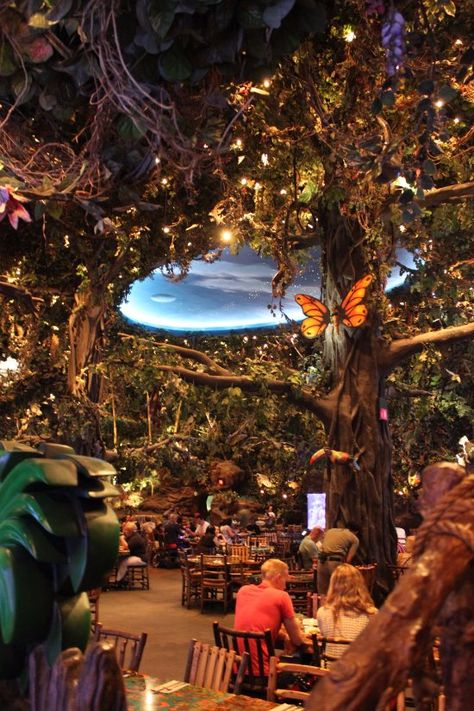 Trees In Restaurants, Forest Themed Restaurant, Jungle Themed Restaurant, Themed Restaurant Ideas, Jungle Cafe Design, Forest Cafe Design, Rainforest Interior Design, Rainforest Cafe Aesthetic, Forest Restaurant Design