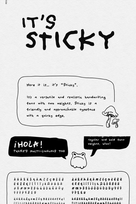 Here it is: it’s Sticky. A versatile and realistic handwriting font with two weights, regular and bold. Sticky is a friendly and approachable typeface with a quirky edge. It’s packed with glyphs and ligatures, ensuring tonnes of variance and a dusting of charm. Quirky Graphic Design, Cute Fonts Alphabet Doodles, Cute Fonts Handwriting, Messy Handwriting Font, Hand Writing Fonts, Subtitle Font, Font Presentation, Hand Writing Font, Graphic Design Typography Fonts