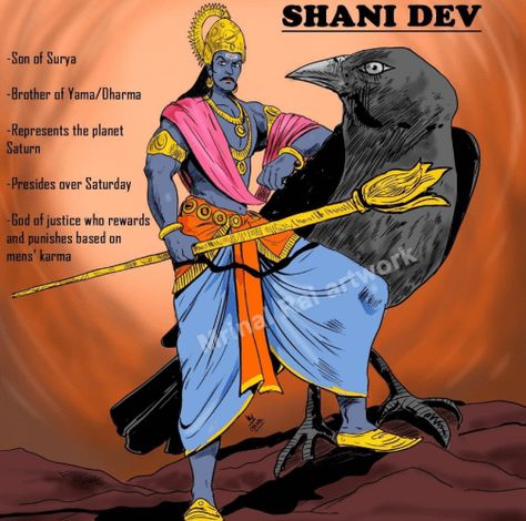 Shani Dev is a Hindu god worshipped as the God of Justice. He is the son of Lord Surya and is believed to punish or reward people based on their works or karma. Shani Dev is also considered to be as one of the nine heavenly bodies in Hindu astrology as the planet Saturn. He carries a sword and sits on a crow. Hinduism Ganesha, Lord Shani, God Of Justice, Love Krishna, God Spirituality, Maha Mantra, Shiva Meditation, Hindu Cosmos, Shani Dev