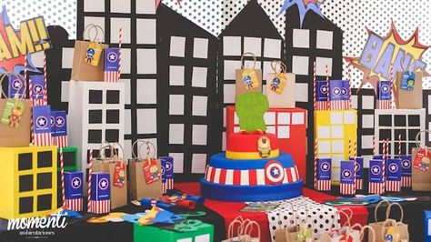 Avengers Birthday Party via Kara's Party Ideas KarasPartyIdeas.com (19) Superman Birthday Party, 4de Verjaardag, Superman Party, Superhero Baby Shower, Pj Masks Birthday Party, Superman Birthday, Avenger Birthday Party, Spiderman Birthday Party, Batman Party