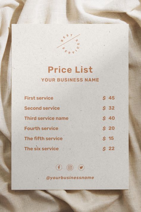 Salon Price List Template, Modern Small Business Price List, Canva Editable Price Sheet, Electronic Pricing Guide, Hair Pricing List, Print Pricelist Aesthetic Design, Price Sheet Design, List Template Aesthetic, Price List Design Templates, Small Business Price List, Pricing List, Instagram Grid Design, Price List Design, Salon Price List