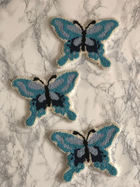 Punch Needle Butterfly, Butterfly Wall Hanging, Butterfly Rug, Embroidery Blue, Embroidery Wall, Needle Embroidery, Blue Butterflies, Punch Needle Embroidery, Nature Indoors