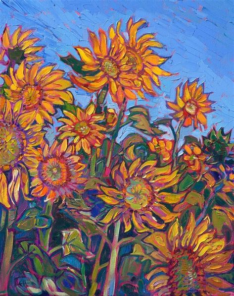 Sunflower fields in Provenence captured in Erin Hanson's open impressionistic style. A Field Of Sunflowers, Sunflower Petals, Field Of Sunflowers, Erin Hanson, Lily Painting, Contemporary Impressionism, Impressionist Landscape, Impressionism Painting, Learn Art