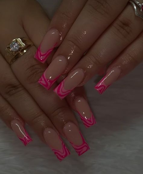 French Tip Acrylic Nails Inspiration, Acrylic Full Set Gel Polish, Nail Inspo Hot Pink French Tip, Vacation Nail Inspo Square, Pink Acrylics With Design, Magenta Nails Acrylic, Pretty Coffin Nail Designs, Barbie Pink Acrylic Nails French Tip, Birthday French Tip Nails