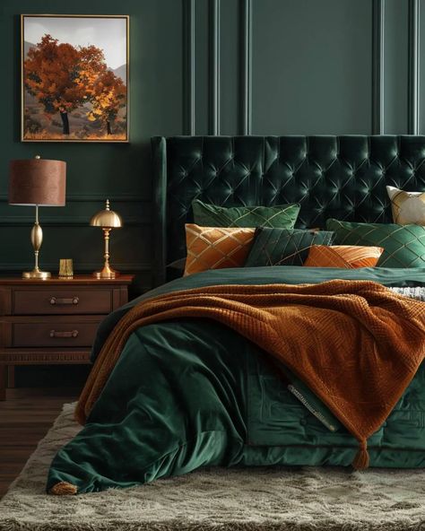 50 Autumn Bedroom Decor Cozy Ideas - Home Soils Color Palette For Bedroom Cozy, Blue Orange Bedroom Decor, Green Rust Bedroom, Rust Bedroom Decor, Deep Green Bedrooms, Autumn Bedroom Decor Cozy, Green And Burnt Orange Bedroom, Grey Orange Bedroom, Copper Bedroom Decor