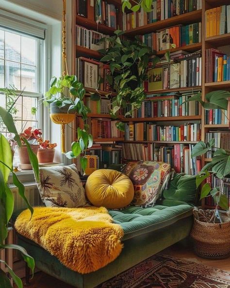 Boho Library Room Bohemian, Maximalist Bookshelf, Eclectic Bookshelf Styling, Boho Library Room, Boho Bookshelf, Apartment Bookshelves, Bookcase Living Room, Bookshelf Room, Boho Apartments