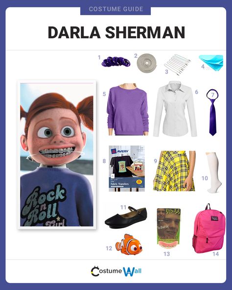 The best costume guide for dressing up like Darla Sherman, the bratty niece of the dentist, Philip Sherman in Disney Pixar's Finding Nemo. Darla Costume Finding Nemo, Finding Nemo Costume Diy, Darla Finding Nemo, Redhead Costume, Finding Nemo Costume, Womens Halloween Costumes, Nemo Costume, Cartoon Halloween Costumes, Halloween Customer