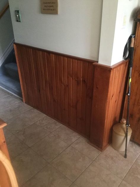 Wood Panel Wainscoting, Half Wood Panel Walls Paint Ideas, Wood Panel Walls Half Wall, Wall With Half Wood Paneling, Diy Half Wall Paneling, Wood Paneling Bottom Half Of Wall, Paint Wood Paneling Half Wall, Half Wood Wall, Wood Wainscoting Ideas