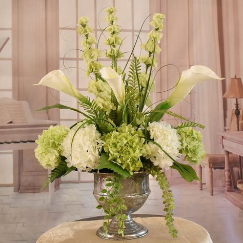 Canora Grey Calla Lily and Hydrangea Centerpiece in Vase | Wayfair Silk Greenery Arrangements Artificial Plants, Floral Arrangements With Hydrangeas, Bells Of Ireland Arrangement, Large Flower Arrangements For Home, Artificial Flower Arrangements For Table, Large Flower Arrangements For Church, Green And White Flower Arrangements, Gladiolus Flower Arrangements, Silk Flower Arrangements For Home