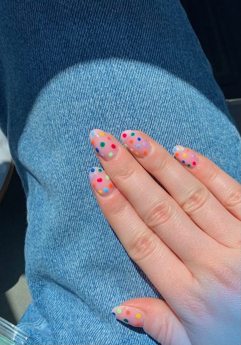 colorful nails dot nail art neon summer nail art Summer Nails Dots, Dotted French Tip Nails, Colorful Dot Nails, Chrome Polka Dot Nails, Colorful Dots Nails, Dot Flower Nails, Dotty Nail Art, Spotty Nails, Polka Dot French Tip Nails