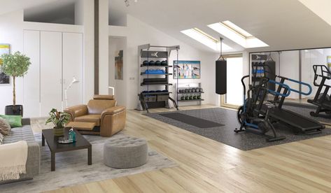 Treadmill In Living Room Ideas, Basement Gym And Family Room, Bedroom Gym Ideas, Living Room Gym, Home Gym Ideas, Small Home Gym, Wellness Room, Room Gym, Gym Room At Home