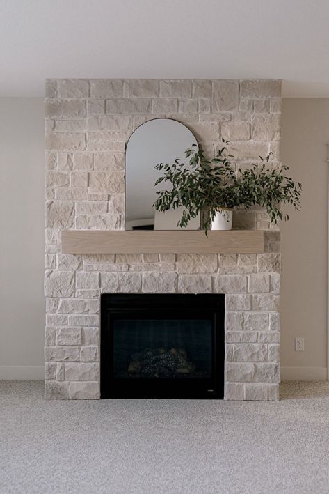 Cobblestone Accent Wall, Exterior Fireplace Design, Stone Interior Fireplace, Light Rock Fireplace, Line Wash Fireplace, Painted Cobblestone Fireplace, Fireplace 8ft Ceiling, Stone Fireplace With Electric Insert, Flat Stone Fireplace