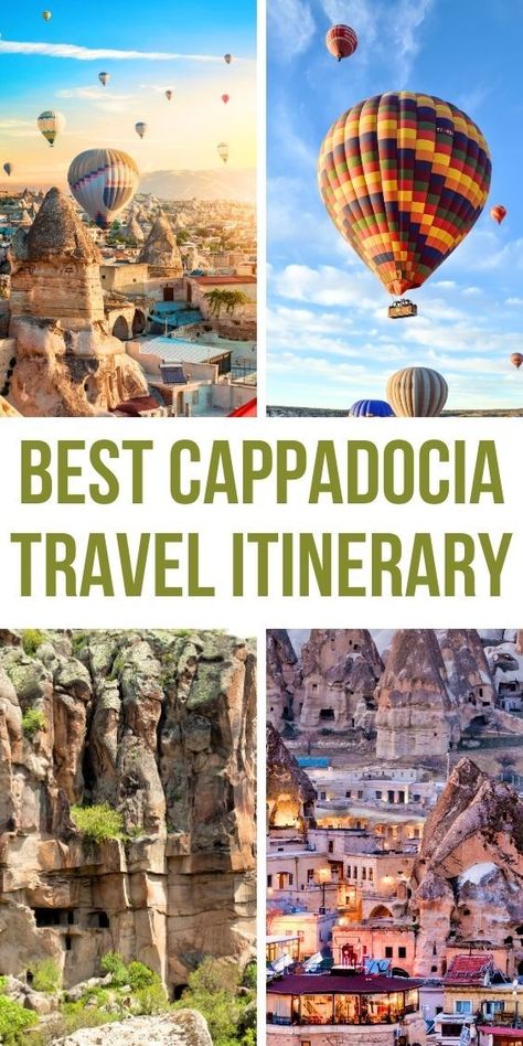 Images of Cappadocia attractions. Text reads: Best Cappadocia Itinerary Istanbul Travel Guide, Travel Questions, Europe Travel Outfits, Cappadocia Turkey, Istanbul Travel, Europe Trip Itinerary, European Destinations, Visit Europe, Turkey Travel