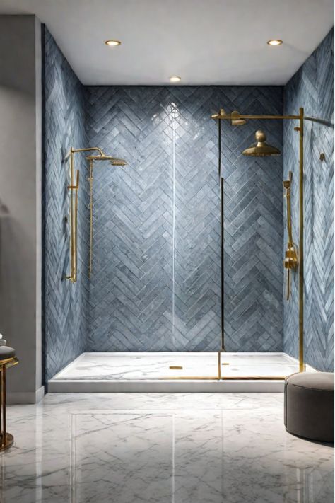 Modern walk-in shower with classic marble herringbone pattern Marble Master Shower Ideas, New Construction Bathroom Ideas, Bathroom Remodel Wet Room, Stained Glass In Bathroom, Alison Victoria Bathroom, 2024 Shower Trends, Costal Bathroom Design, Double Shower Walk In, Marble Walk In Shower Ideas