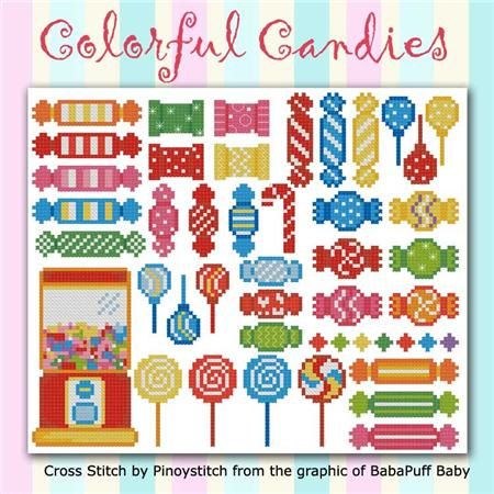 Colorful Candies cross stitch pattern by Pinoystitch from the graphic of BabaPuff Baby Candy Cross Stitch Pattern, Tiny Cross Stitch, Cross Stitch Kitchen, Mini Cross Stitch, Mini Cross, Cross Stitch Borders, Diy Cross Stitch, Simple Cross Stitch, Cross Stitch Fabric