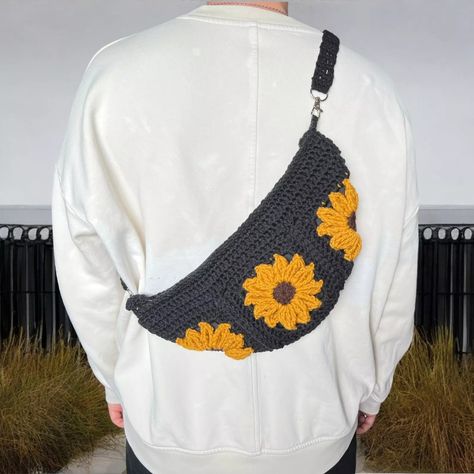 Crochet Crossbody Bag sunflower with lining inside Granny Square black | eBay Crochet Chest Bag, Granny Square Wallet, Granny Square Cross Body Bag, Crochet Fanny Pack, Crochet Crossbody Bag, Granny Square Bag, Crescent Shape, Love Craft, Small Things