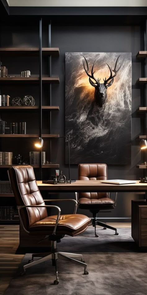 Industrial Home Office Design Ideas, Men Office Design, Masculine Office Chair, Masculine Industrial Office, Guy Office Ideas, Masculine Study Office, Men’s Office Design, Masculine Offices, Office Ideas For Men Business