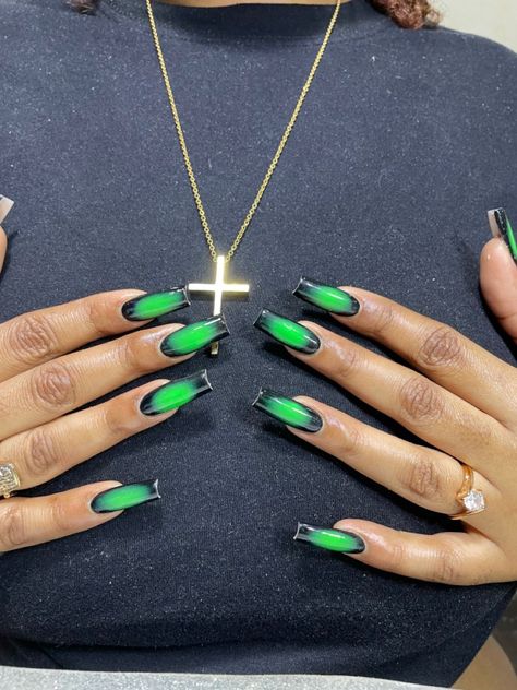 Blackgreen nails luxure_nails nailsofinstagram nailinspiration unasacrilicas Black And Green Nail Inspo Acrylic, Green Trippy Nails, Green And Black Nails Ideas, Like Green And Black Nails, Black And Green Aura Nails, Green Medium Nails, Green Design Acrylic Nails, Green And Black French Tip Nails, Black And Green Nails Short