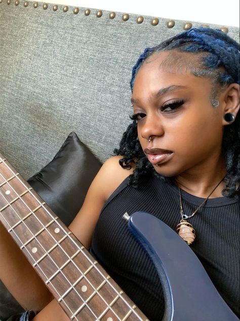 Alternative black girl locs gauges piercings guitar Gauges Black Women, Blue And Green Locs, Latest Dreadlocks Styles, Blue Locs, Dreadlocks Hair Care, Beautiful Dreadlocks, Short Locs Hairstyles, Dreadlock Styles, Dyed Hair Inspiration