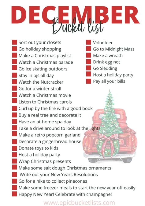 Free printable December Bucket List. What's on your December bucket list? Why not check off a couple of fun holiday items from our Christmas bucket list. Use it to celebrate where you live and where life takes you! Things To Do Each Day Of December, December Bucket List Couples, What To Put In Advent Calendar, Things To Do In Winter With Friends, December Bucket List Christmas, 2024 Bucket List, December To Do List, What To Do On Christmas, Christian Bucket List