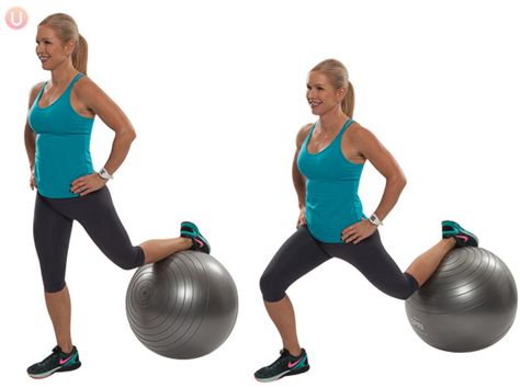 Chris Freytag performing a lunge on a stability  ball wearing black yoga pants and a blue top Stability Ball Workout, Chris Freytag, Ball Workouts, Kettlebell Challenge, Yoga Ball Exercises, Stability Ball Exercises, Ball Workout, Exercise Balls, Pilates Mat