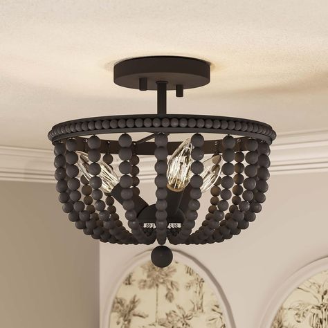 Cauhu 3-light Farmhouse Coastal Wood Beaded Semi Flush Mount Ceiling Lights -UL - Bed Bath & Beyond - 35553706 Semi-flush Mount Lights, Farmhouse Coastal, Low Ceilings, Mount Ceiling Lights, Wagon Wheel Chandelier, Wood Chandelier, Flush Mount Lights, Weathered Oak, Semi Flush Mount Lighting