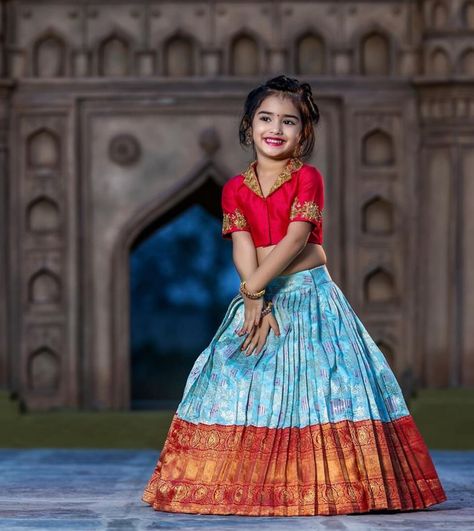 Girls Lehanga Blouse Designs, Pattu Dress For Kids, Traditional Dresses For Kids Girl, Pattu Langa Blouse Designs For Kids, Kids Pattu Langa Designs, Pattu Pavadai Kids Blouse Designs, Blouse Designs For Kids, Pattu Lehenga For Kids, Pattu Pavadai Kids