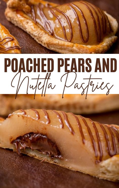 Puff pastries topped with pears poached in vanilla, rum and lemon zest syrup, then stuffed with Nutella and baked to golden perfection. Poached Pears Dessert, Pear Dessert, Vanilla Rum, Puff Pastries, Poached Pears, Nutella Recipes, Puff Pastry Recipes, Best Fruits, Pastry Recipes