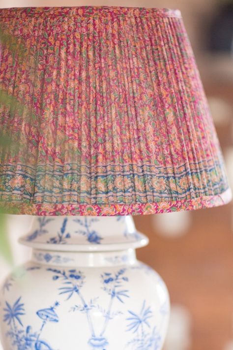 Vintage silk sari's from India made fabulous lampshades - see my guide to the best lampshades Colorful Lampshades, Blue And White Lamp, Patterned Lampshades, Chinese Lamp, Pleated Lamp Shades, Gourd Lamp, Lampshade Designs, Blue And White Chinoiserie, Lamp Finial