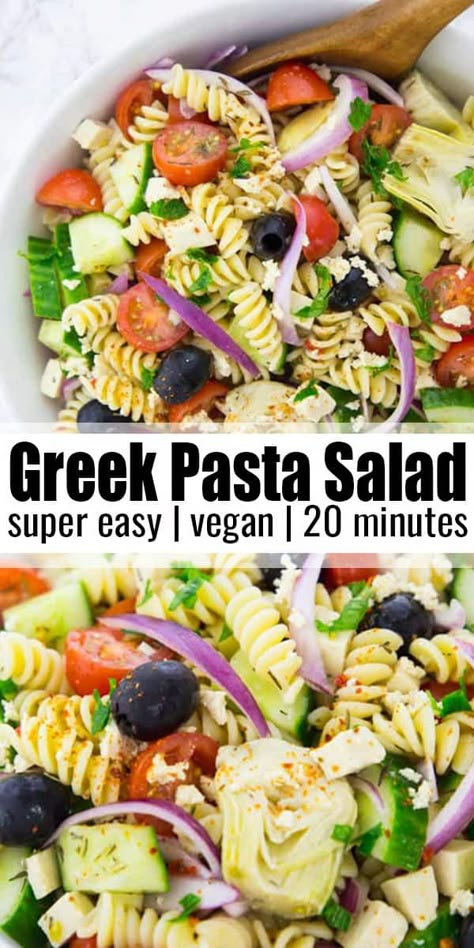 This vegan Greek pasta salad is perfect for your next BBQ or potluck! It's one of my favorite pasta salad recipes! Or actually one of my favorite summer recipes! Find more vegan recipes at veganheaven.org! #vegan #veganrecipes Greek Pasta Salad, Sommer Mad, Greek Vinaigrette, Resep Pasta, Vegan Greek, Resep Salad, Greek Salad Pasta, Greek Pasta, Vegan Lunch Recipes