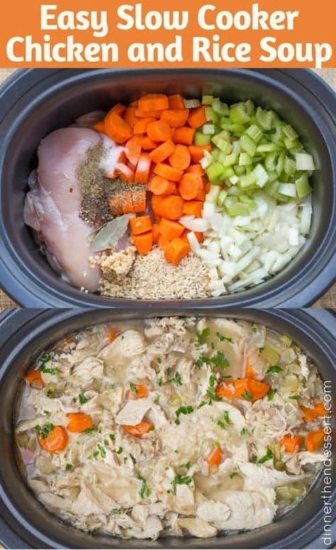 Slow Cooker Chicken and Rice Soup - Dinner, then Dessert Chicken Soup In A Crock Pot, Brown Rice And Chicken, Slow Cooker Chicken And Rice, Chicken Cooker, Rice And Chicken, Recipes Rice, Brown Chicken, Dinner Then Dessert, Crockpot Soup