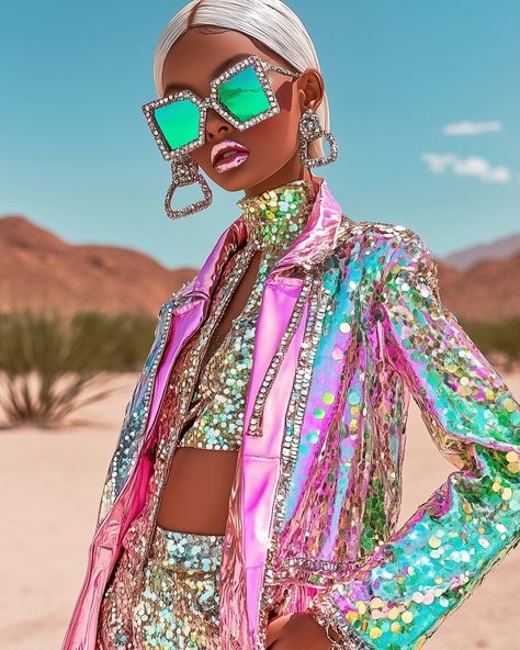 When haute couture meets the heat, the desert sparkles! #GlamInTheSun #CoutureDreams -> These images are designed with help of AI #Queens #Glitterqueens #fashionista Galactic Glam, Saturday Vibes, Pastel Portraits, Nice Clothes, Futuristic Fashion, Shine Bright Like A Diamond, Glitter Makeup, Sequins Embroidery, Neon Lights