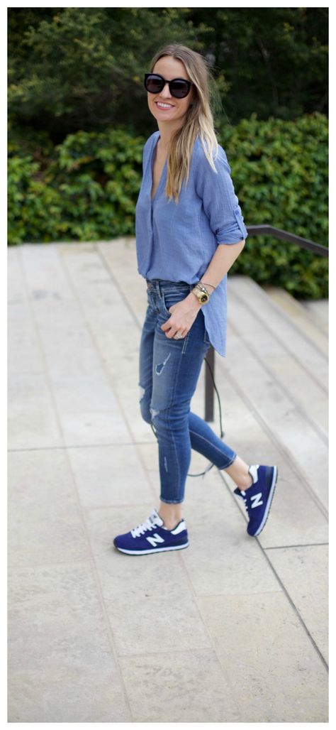 Casual Shades of Blue & New Balance http://lifebylee.com/shades-of-blue/ Blue Sneakers Outfit, Casual Work Outfit Spring, Winter Sneakers Outfit, Tennis Shoe Outfits Summer, Travel Fashion Winter, Sneaker Outfits Women, New Balance Outfit, Tennis Shoes Outfit, Spring Work Outfits