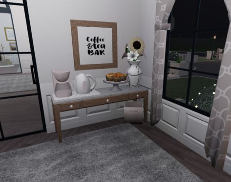 Coffee Bar Bloxburg, Bloxburg Coffee Bar, Roblox House, Blocksburg Room Ideas￼, Coffee Bar Ideas, Bloxburg Builds, Bloxburg Ideas, Tea Bar, Bar Ideas