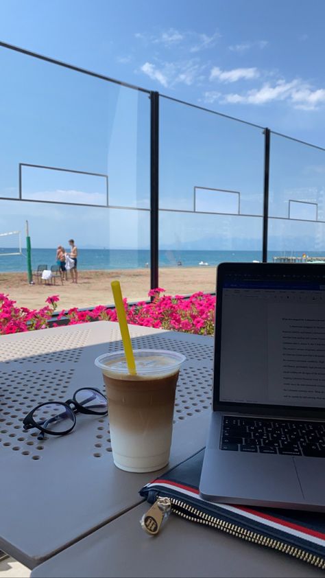 Studying, beach, goals , coffee Studying On The Beach Aesthetic, Studying At The Beach, Study On The Beach, Student Exchange, Coffee Study, Studying Aesthetic, Senior Year Of High School, Cozy Coffee Shop, Working Remotely