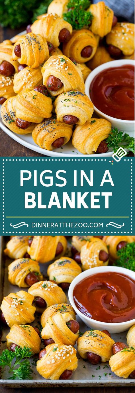 Pigs in a Blanket Recipe #hotdogs #appetizer #snack #comfortfood #dinneratthezoo Recipes With Cocktail Weiners, Cocktail Snacks Ideas, Cocktail Sausages Appetizers, How To Make Pigs In A Blanket, Sausage Wraps, Cocktail Sausage Recipes, Hot Dog Appetizers, Pigs In A Blanket Recipe, Sausage Wrap