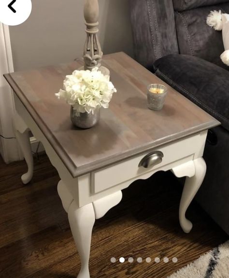 Two Toned End Tables, Queen Anne End Table Makeover, Natural Wood And Painted Furniture, Refurbished End Tables Diy Ideas, Coffee Table Refinishing Ideas, Refinished Side Tables, Wood Side Table Makeover, Accent Table Makeover, White Wash Wood Furniture