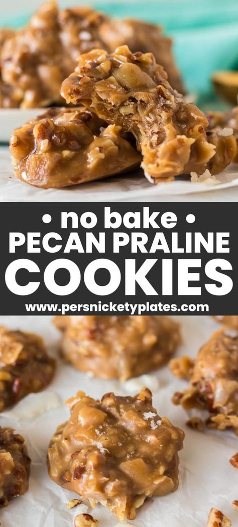 These easy, no-bake Coconut Praline Cookies combine pecans, chewy coconut, and sugar with a sprinkle of sea salt for balance, into the perfect sweet treat. Everything you love about pralines in handheld cookie form! Coconut Pecan Pralines, Chewy Pralines Recipe, Pralines Recipe, Praline Cookies Recipe, Peanut Butter Cornflake Cookies, Praline Recipe, Pecan Pralines, Pecan Cookies, Pecan Recipes